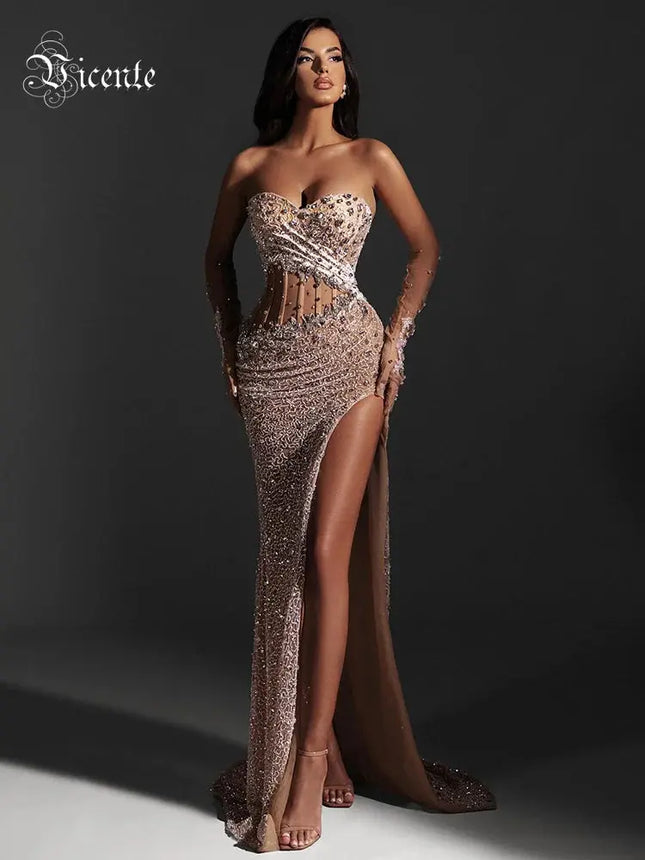 Backless Sheer Mesh with High Slit & Gloves
