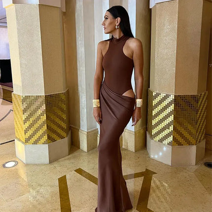 Elegant Satin Maxi Dress – Designed with alluring hollow-out details