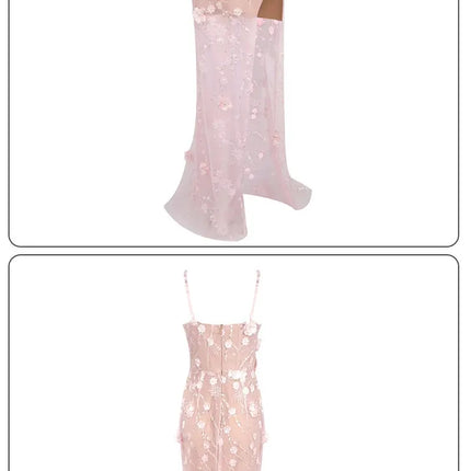 Long Dress Pearls Sequins Structured Flowers High Split Sheer Mesh Trendy Celebrity Party Gown