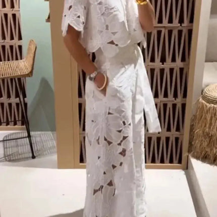 Sexy Women’s 2-Piece Set – Lapel Shirt & Wide-Leg Pants, Elegant Casual Hollow Design