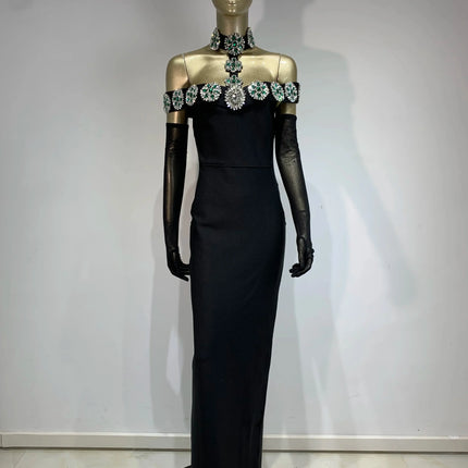 Summer Bandage Dress 2025 Women Celebrity Sexy Diamonds Crystal Black Maxi Long Bodycon Elegant Evening Club Party Dress