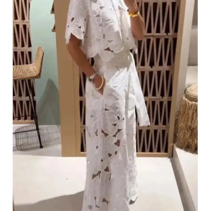 Sexy Women’s 2-Piece Set – Lapel Shirt & Wide-Leg Pants, Elegant Casual Hollow Design