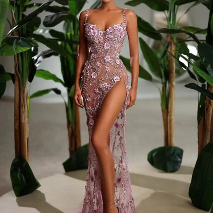 Long Dress Pearls Sequins Structured Flowers High Split Sheer Mesh Trendy Celebrity Party Gown