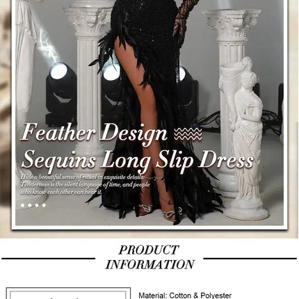 Long Dress Straps Sweetheart Neck Feathers Embellished Split Sequins Party Evening Gown With Gloves