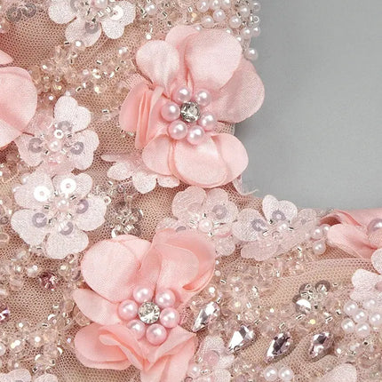 Long Dress Pearls Sequins Structured Flowers High Split Sheer Mesh Trendy Celebrity Party Gown