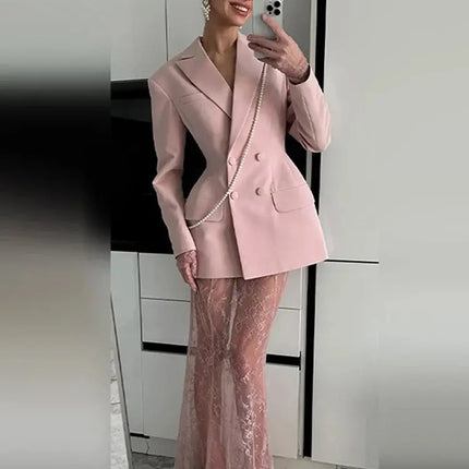 Elegant Women’s Blazer & Skirt Set – Slim Jacket & Sheer Lace Pants, Spring 2025 Party