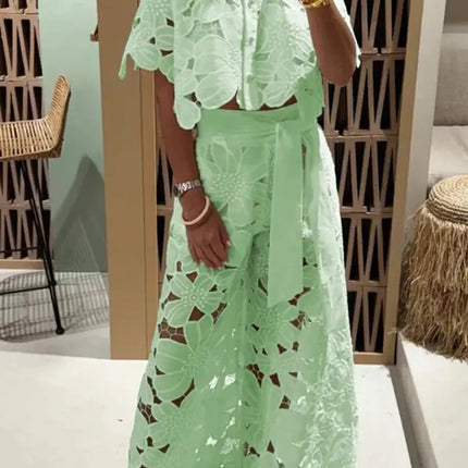 Sexy Women’s 2-Piece Set – Lapel Shirt & Wide-Leg Pants, Elegant Casual Hollow Design