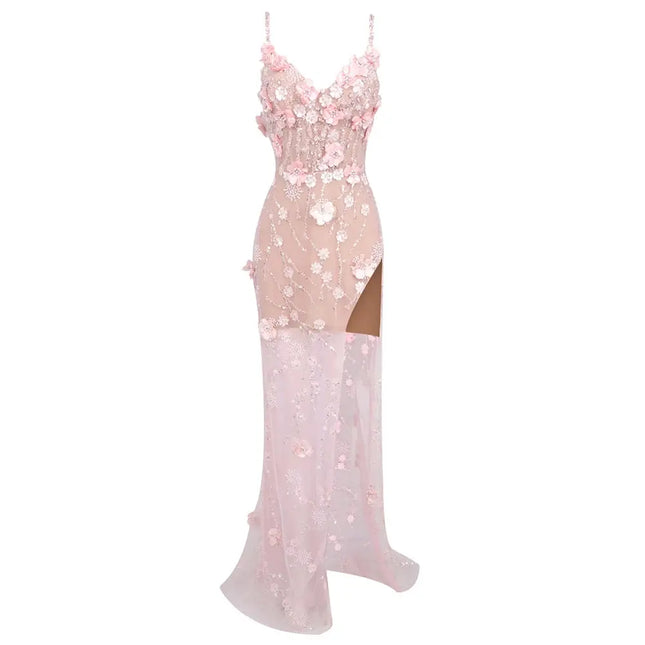 Long Dress Pearls Sequins Structured Flowers High Split Sheer Mesh Trendy Celebrity Party Gown