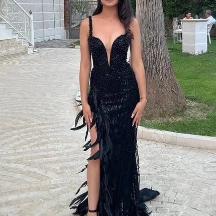 Long Dress Straps Sweetheart Neck Feathers Embellished Split Sequins Party Evening Gown With Gloves