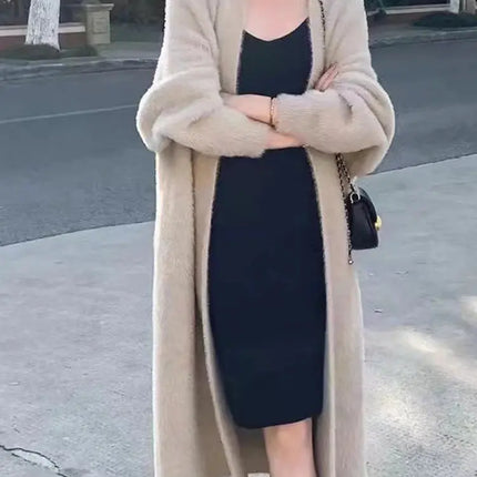 Women’s Autumn/Winter Cardigan – Knee-Length Thick Knit Faux Mink Fleece Sweater Coat