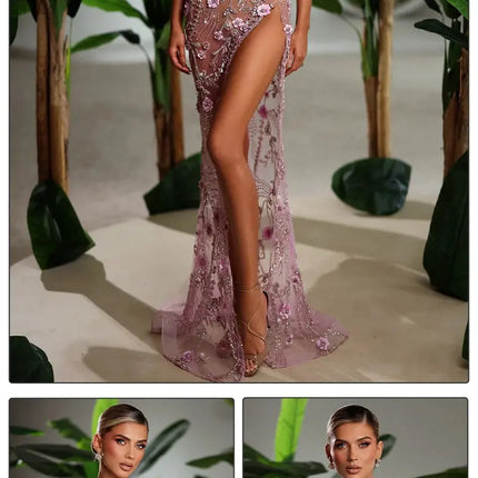 Long Dress Pearls Sequins Structured Flowers High Split Sheer Mesh Trendy Celebrity Party Gown