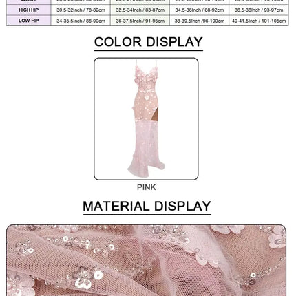 Long Dress Pearls Sequins Structured Flowers High Split Sheer Mesh Trendy Celebrity Party Gown