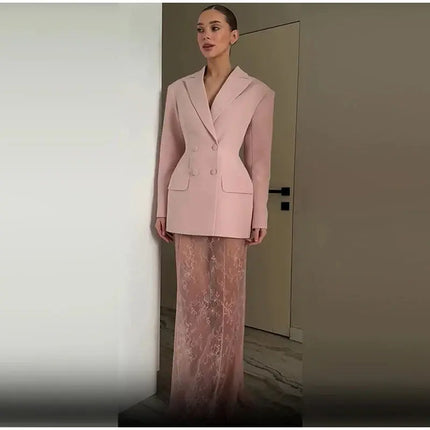 Elegant Women’s Blazer & Skirt Set – Slim Jacket & Sheer Lace Pants, Spring 2025 Party