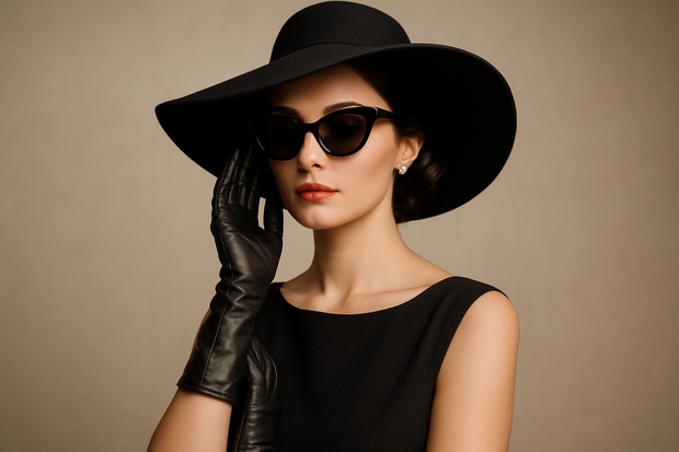 classic fashion women model with hat, gloves and glasses
