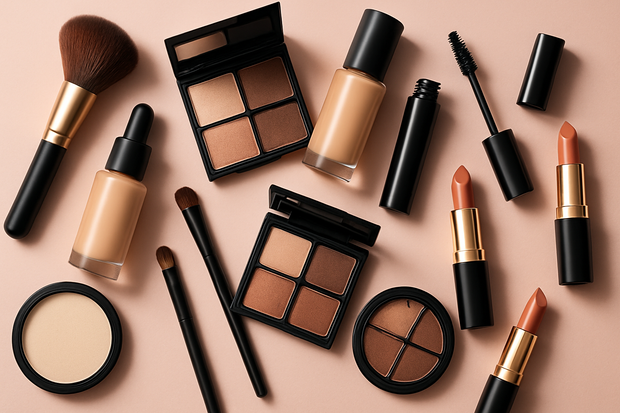 plusieurs outils de maquillage avec des maquillage en fond rose pastel pour une magasine
