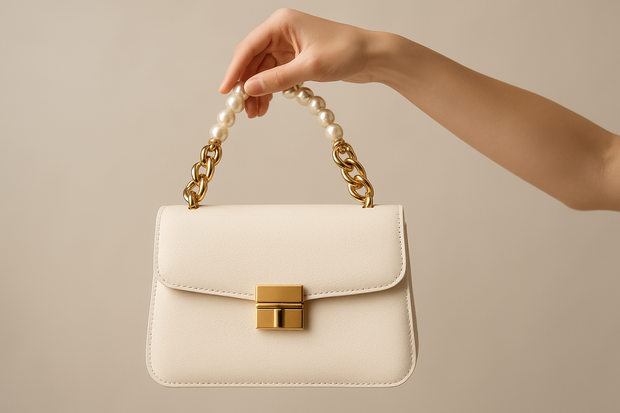 une main qui tient une valise femme a manche de chaine en or et de perle pour une couverture de magasin